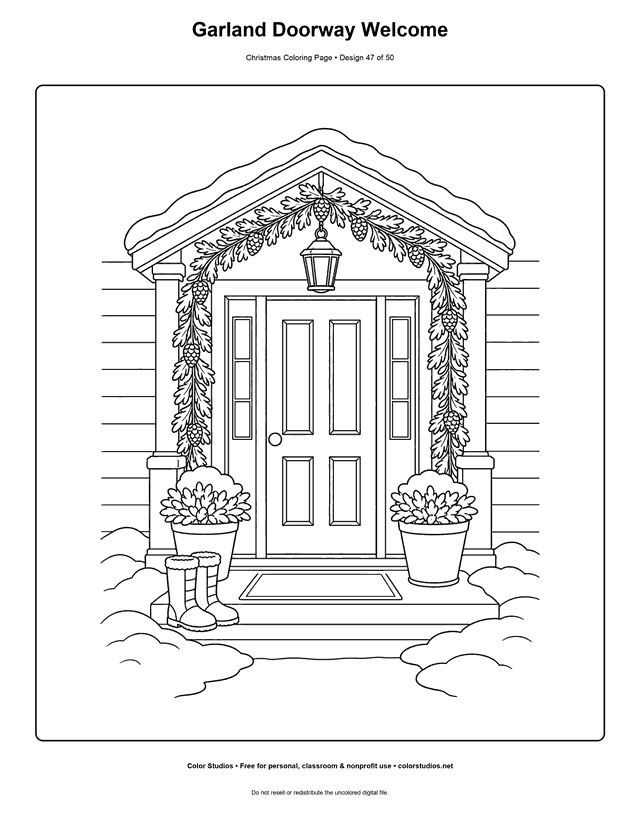 Snowy doorway decorated with Christmas garland and lantern coloring page.