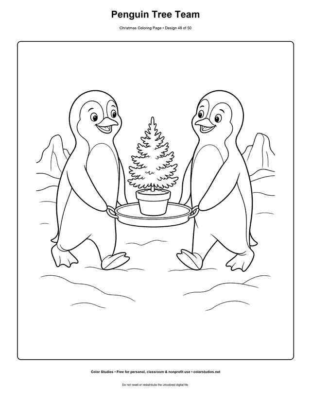Two penguins carrying a small potted Christmas tree coloring page.