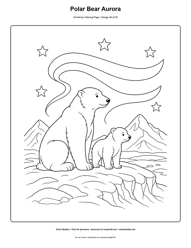 Polar bear parent and cub beneath northern lights coloring page.