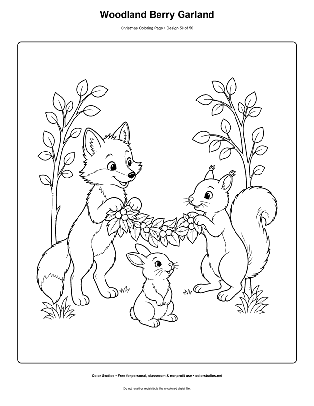 Woodland animals hanging a berry garland between saplings coloring page.