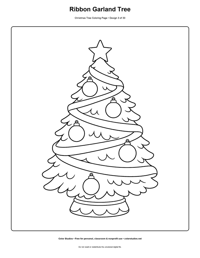 Christmas tree wrapped in a wide ribbon garland coloring page.