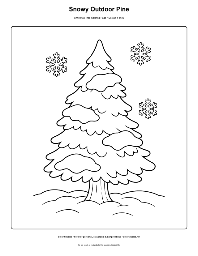 Snow-covered outdoor pine tree coloring page.