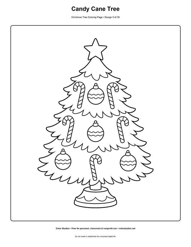 Christmas tree decorated with candy canes coloring page.
