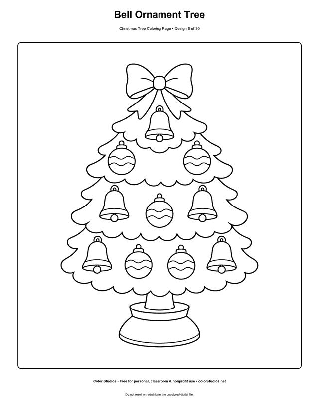 Christmas tree decorated with bell ornaments coloring page.