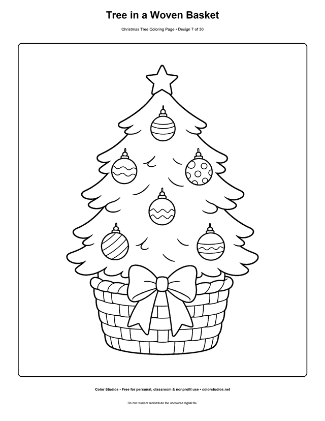 Young Christmas tree in a woven basket coloring page.