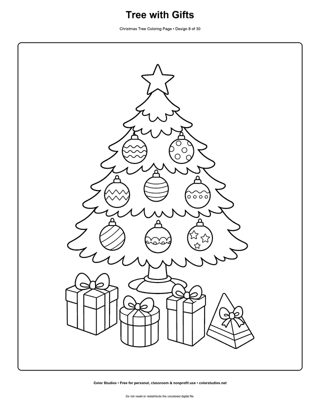 Christmas tree with four wrapped presents coloring page.