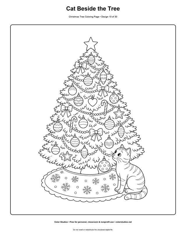 Cat sitting beside a decorated Christmas tree coloring page.
