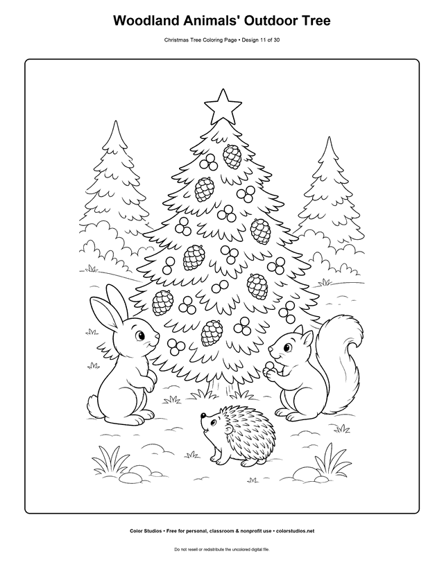 Woodland animals around an outdoor Christmas tree coloring page.