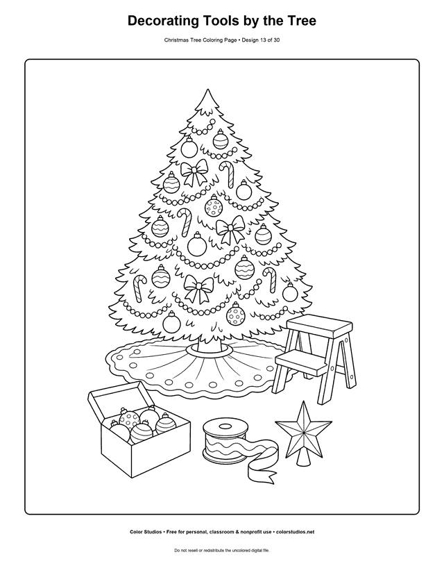 Christmas tree with decorating supplies coloring page.