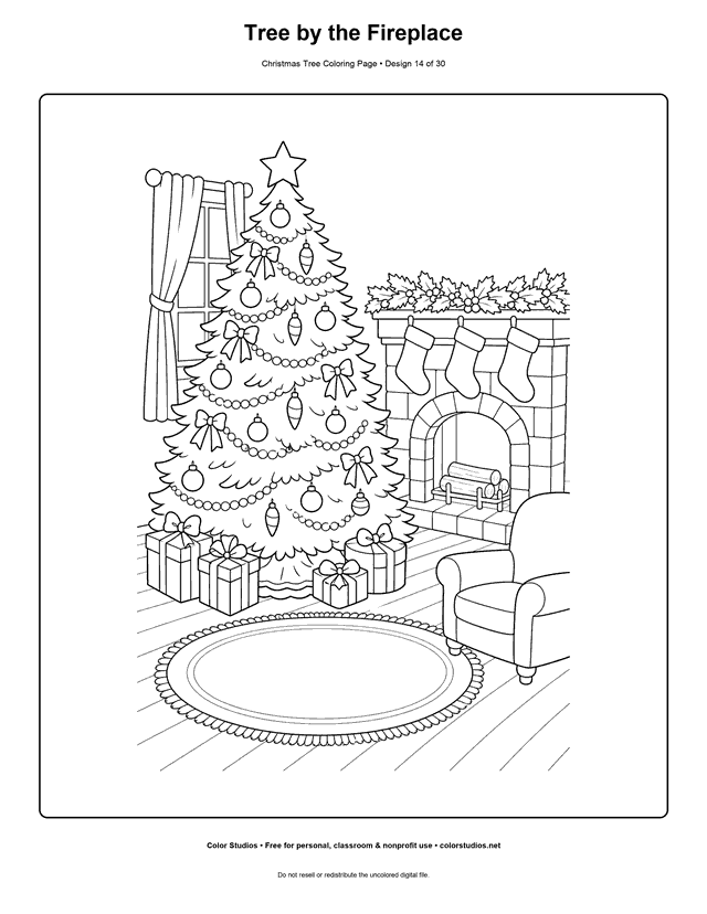 Christmas tree beside an unlit fireplace coloring page.