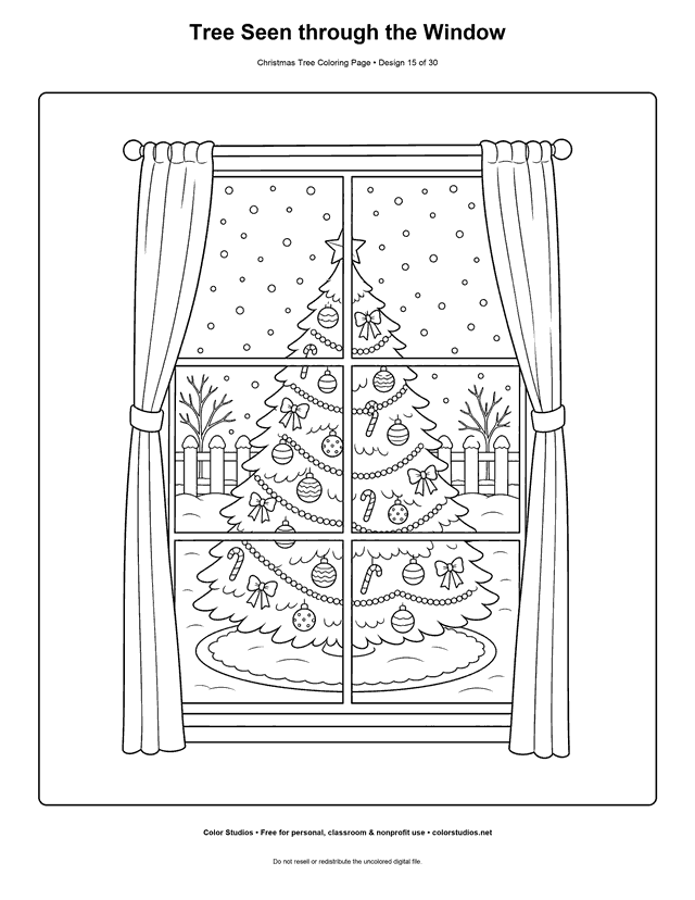 Decorated Christmas tree seen through a snowy window coloring page.