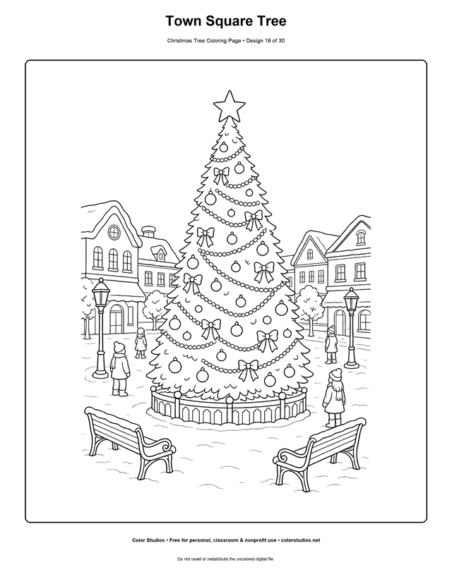 Christmas tree in a snowy town square coloring page.
