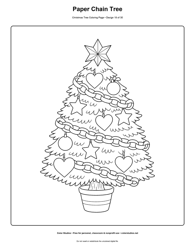Christmas tree with homemade paper-chain decorations coloring page.