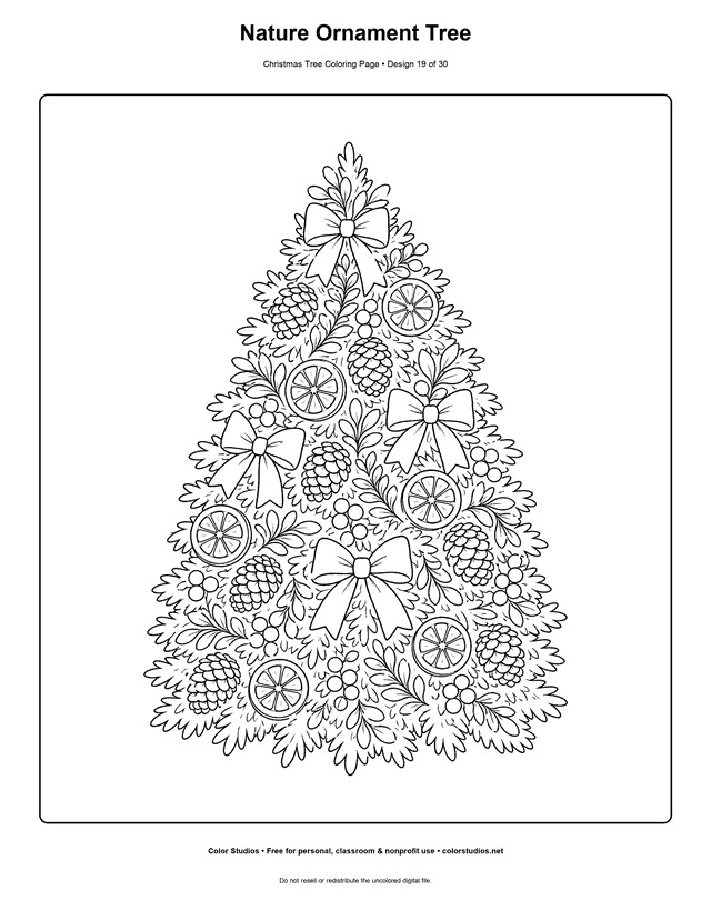 Christmas tree with nature-inspired ornaments coloring page.