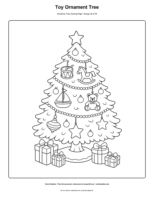 Christmas tree decorated with toy-shaped ornaments coloring page.