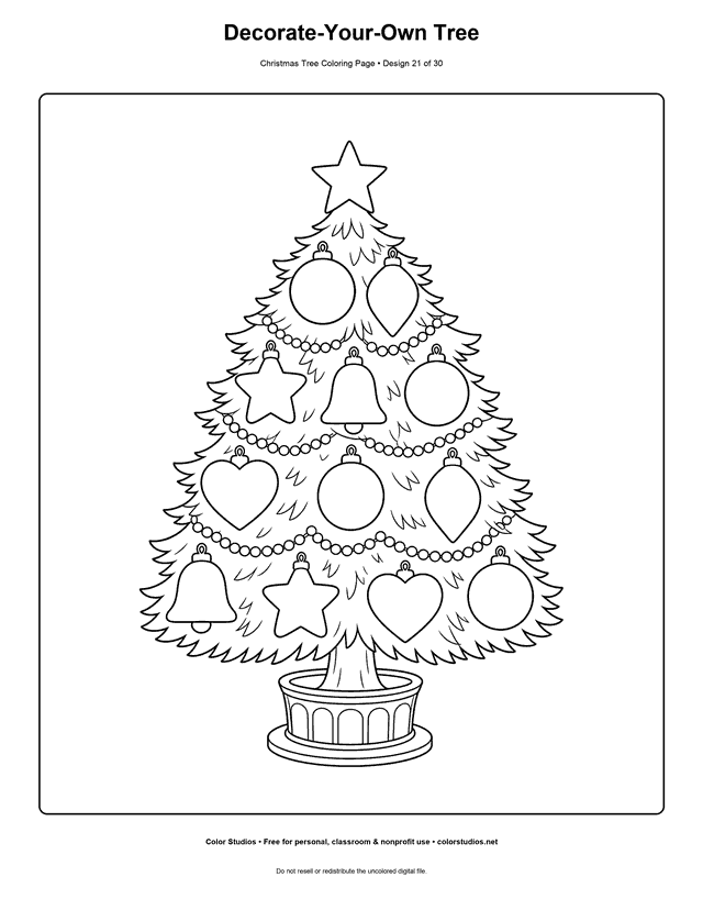 Christmas tree with blank ornaments to customize coloring page.