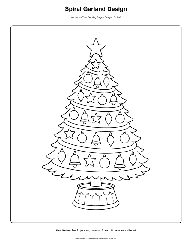 Modern Christmas tree with spiral garland coloring page.