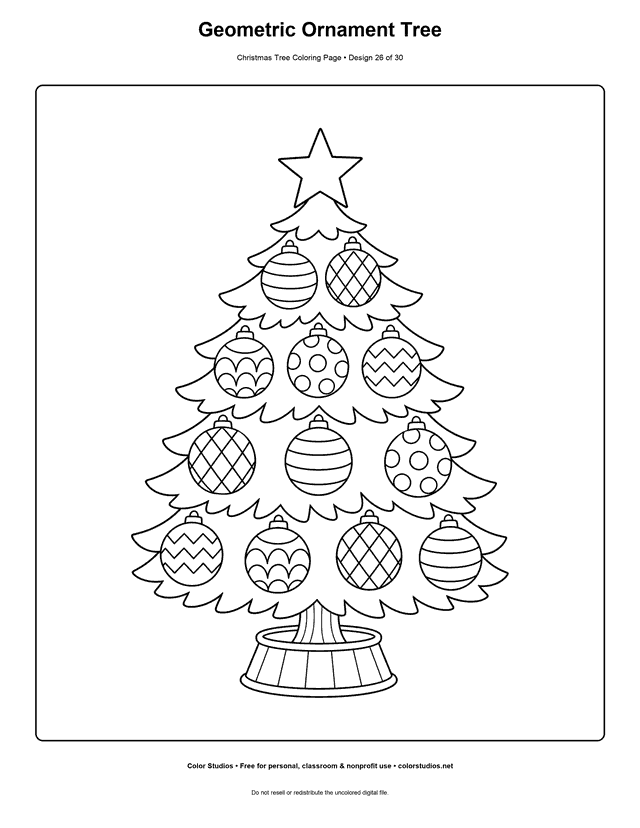 Christmas tree with geometric patterned ornaments coloring page.