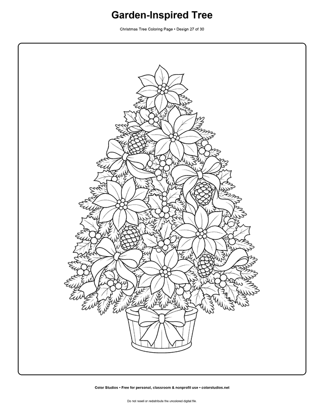 Christmas tree with flowers, leaves, and pinecones coloring page.