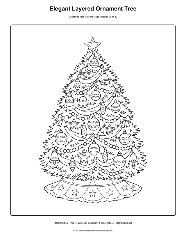 Detailed elegant Christmas tree with layered ornaments coloring page.