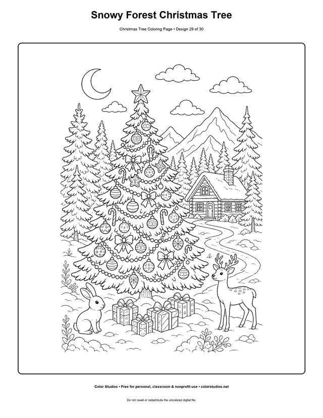 Detailed decorated Christmas tree in a snowy forest coloring page.