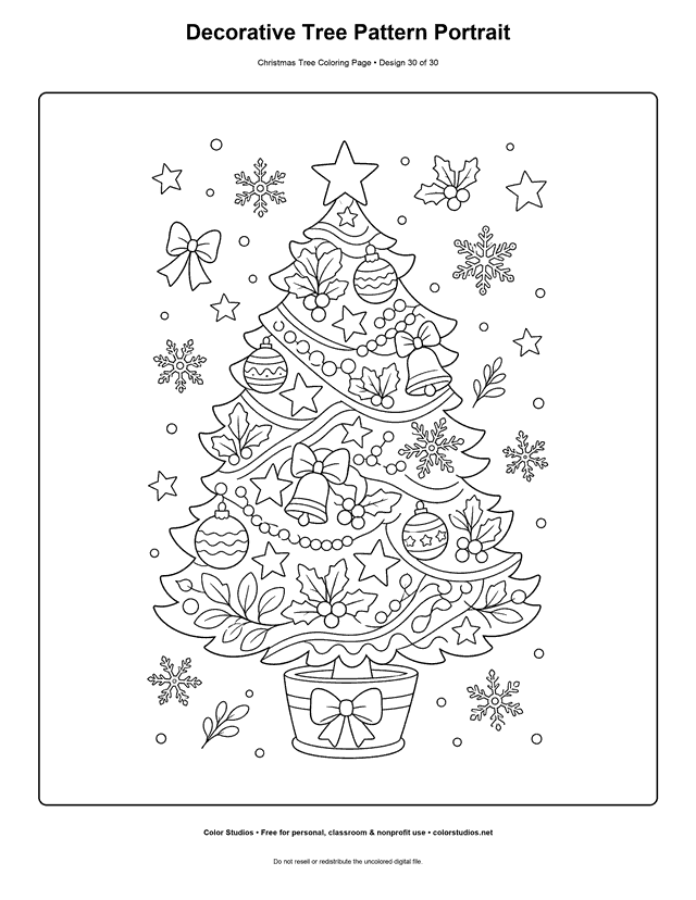 Detailed Christmas tree pattern with winter motifs coloring page.
