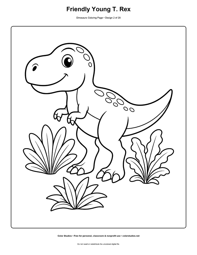 Friendly Young T. Rex free printable dinosaurs coloring page for kids.