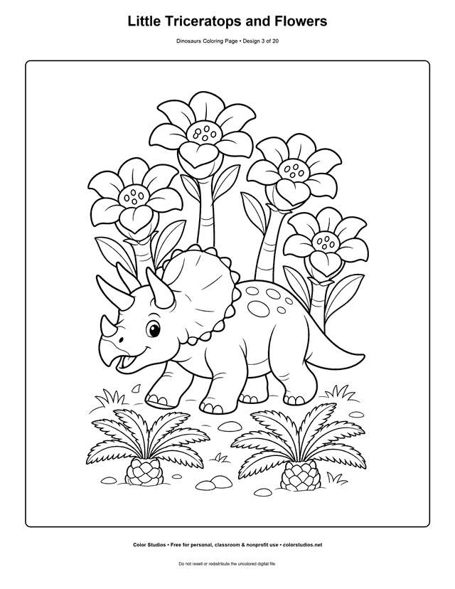 Little Triceratops and Flowers free printable dinosaurs coloring page for kids.