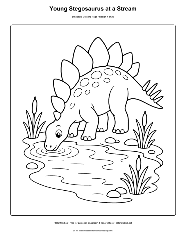 Young Stegosaurus at a Stream free printable dinosaurs coloring page for kids.