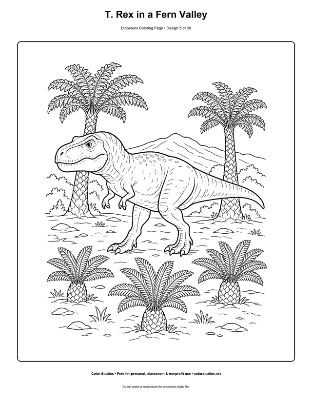 T. Rex in a Fern Valley free printable dinosaurs coloring page for kids.
