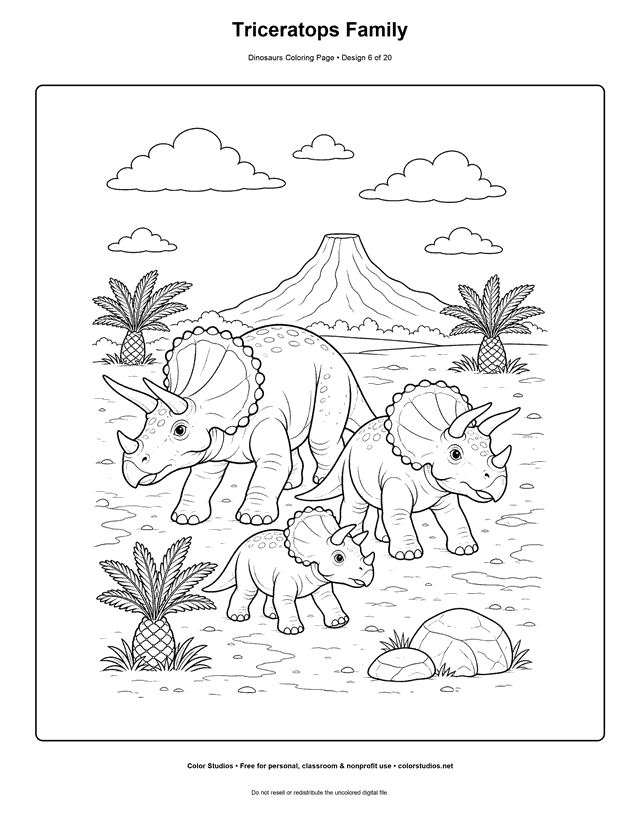Triceratops Family free printable dinosaurs coloring page for kids.