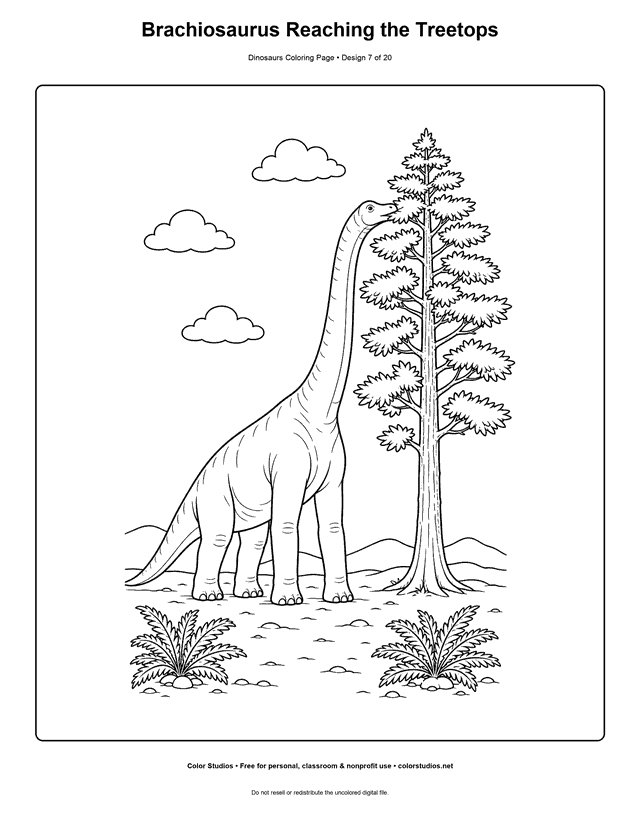 Brachiosaurus Reaching the Treetops free printable dinosaurs coloring page for kids.