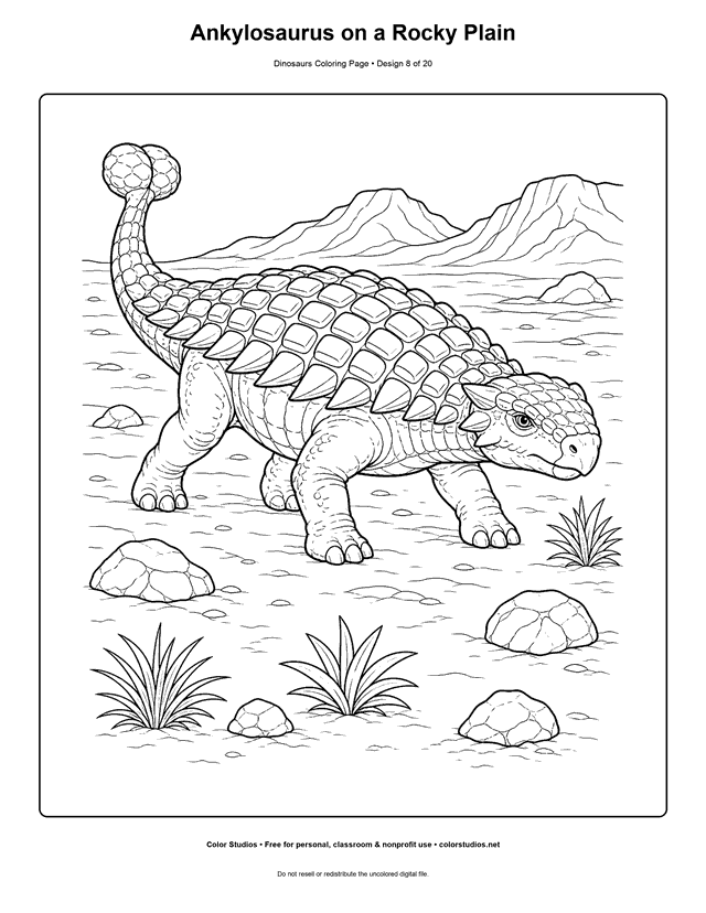 Ankylosaurus on a Rocky Plain free printable dinosaurs coloring page for kids.