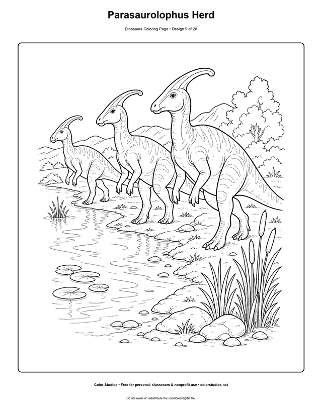 Parasaurolophus Herd free printable dinosaurs coloring page for kids.