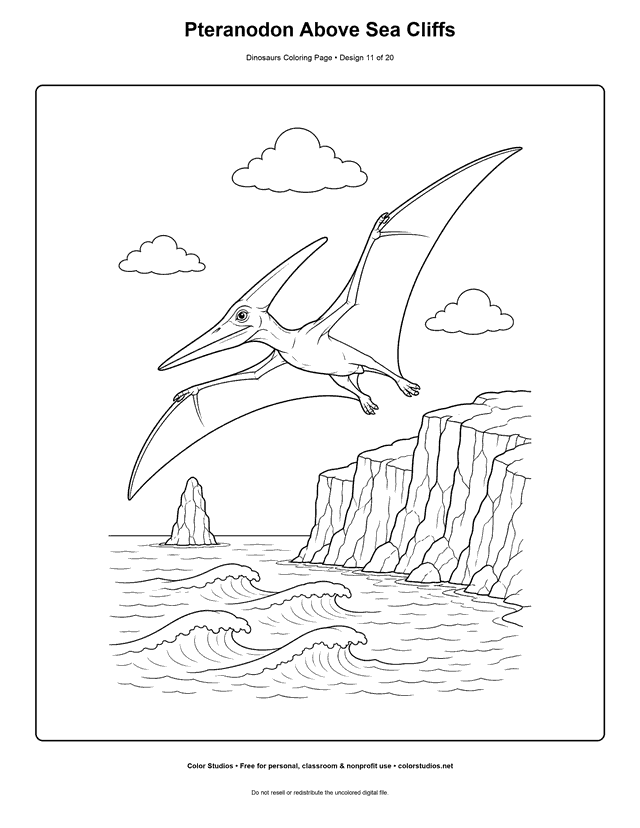Pteranodon Above Sea Cliffs free printable dinosaurs coloring page for kids.
