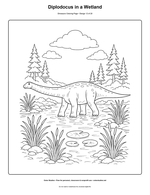 Diplodocus in a Wetland free printable dinosaurs coloring page for kids.