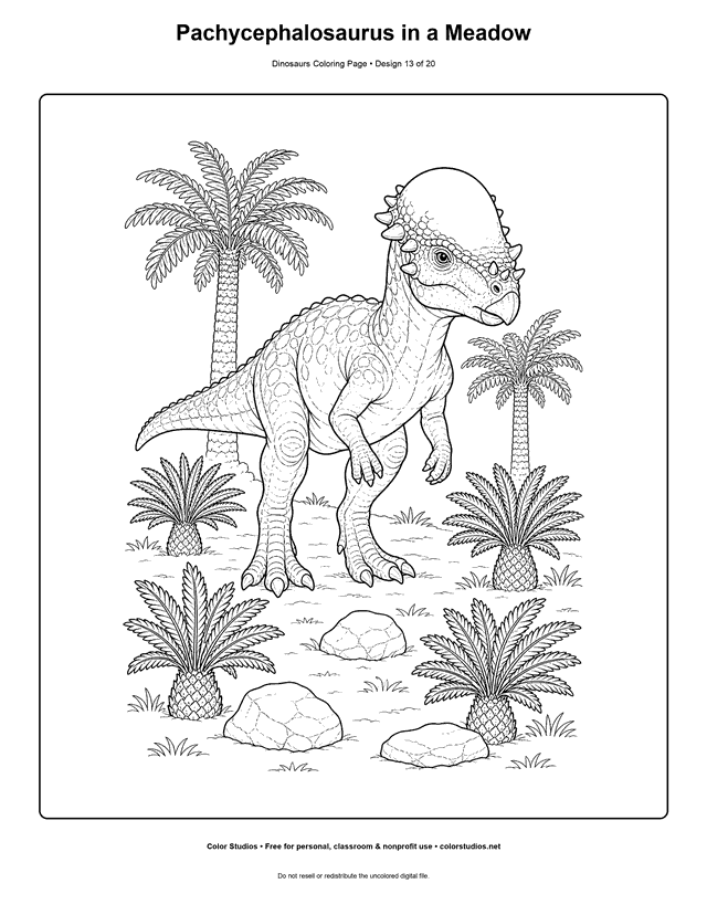 Pachycephalosaurus in a Meadow free printable dinosaurs coloring page for kids.