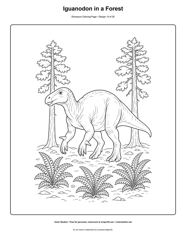 Iguanodon in a Forest free printable dinosaurs coloring page for kids.