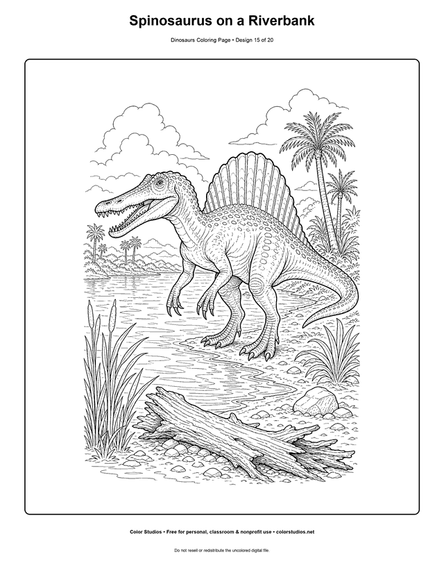 Spinosaurus on a Riverbank free printable dinosaurs coloring page for kids.