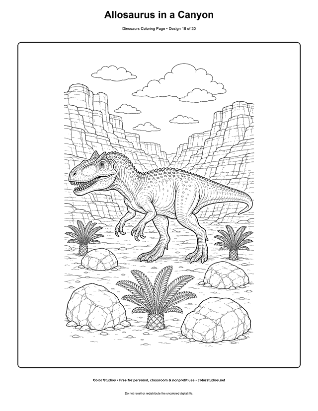 Allosaurus in a Canyon free printable dinosaurs coloring page for kids.