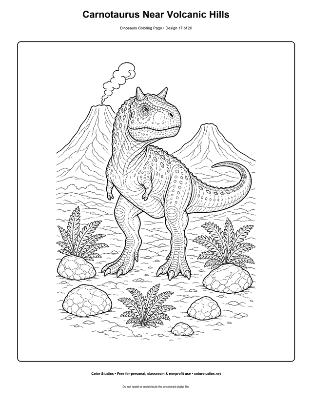 Carnotaurus Near Volcanic Hills free printable dinosaurs coloring page for kids.