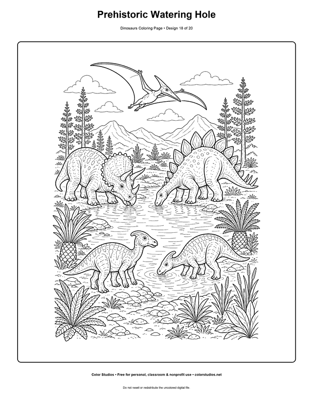 Prehistoric Watering Hole free printable dinosaurs coloring page for kids.