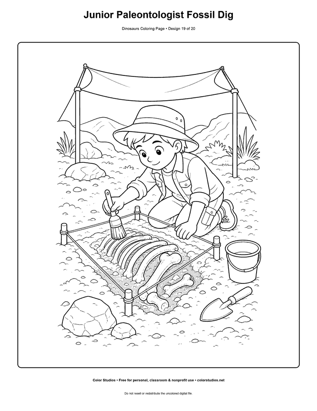 Junior Paleontologist Fossil Dig free printable dinosaurs coloring page for kids.