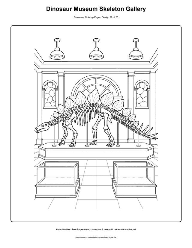Dinosaur Museum Skeleton Gallery free printable dinosaurs coloring page for kids.