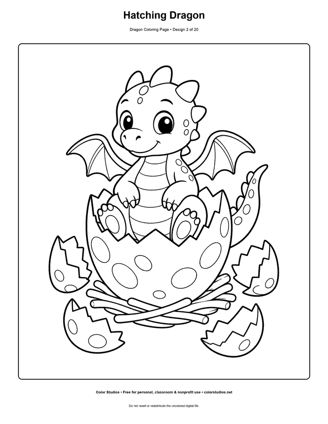 Hatching Dragon: original baby dragon sits upright inside one large cracked egg printable coloring page.