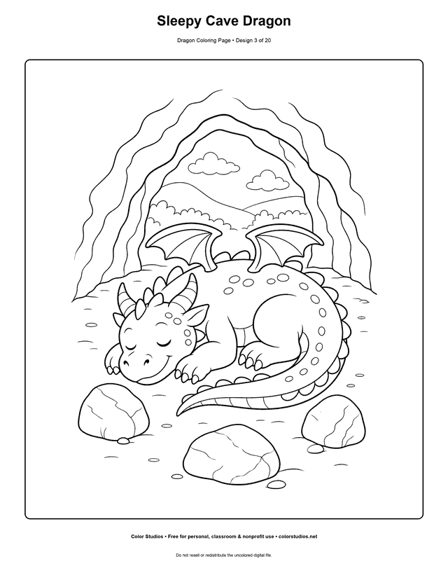 Sleepy Cave Dragon: original dragon sleeps in a natural crescent curl on a broad cave floor printable coloring page.