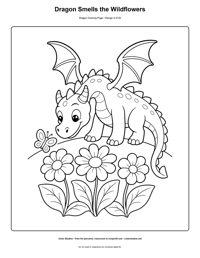 Dragon Smells the Wildflowers: original friendly dragon lowers its head toward three large wildflowers printable coloring page.