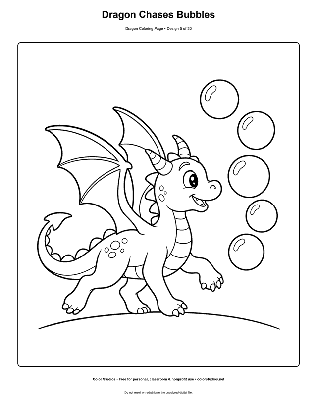Dragon Chases Bubbles: original young dragon trots toward five large floating bubbles in a clear side view printable coloring page.