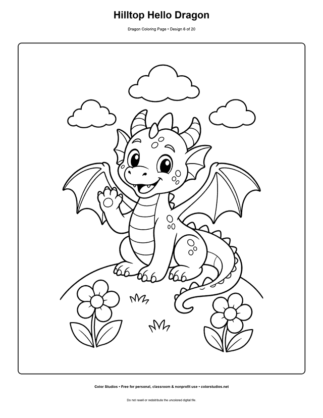 Hilltop Hello Dragon: original young dragon sits upright on a rounded hill and raises one forepaw in greeting printable coloring page.