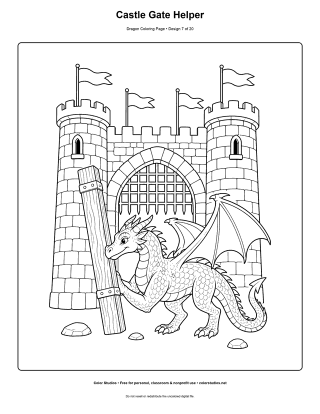 Castle Gate Helper: original four-legged, two-winged dragon stands calmly beside a generic stone castle gate while nudging one fallen wooden beam back into place with its shoulder printable coloring page.